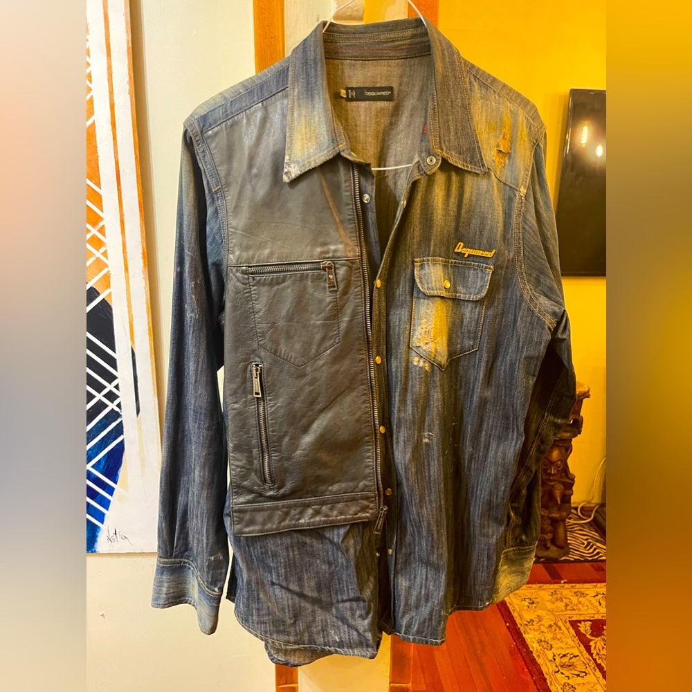 Distressed denim and leather high end Dsquared run way shirt